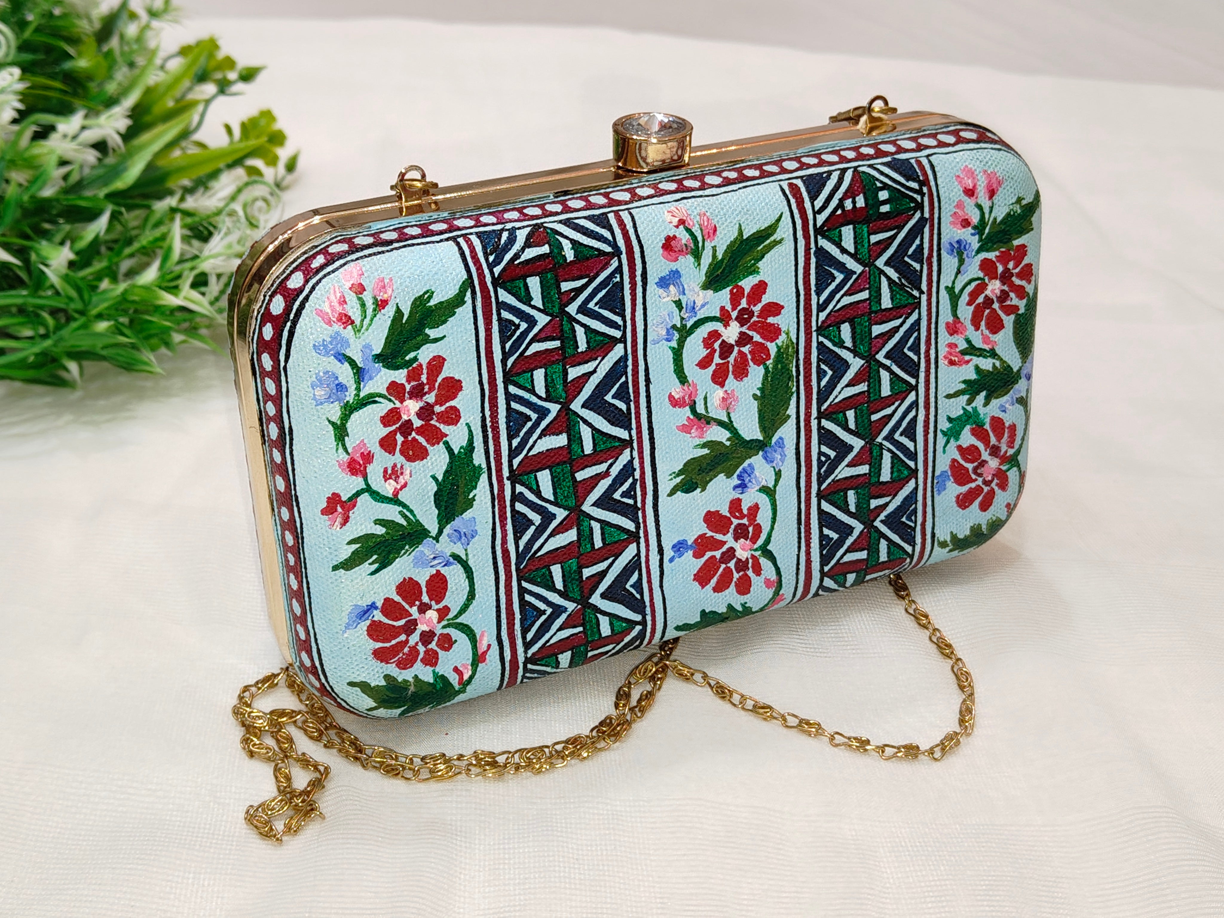 Sky Blue Handpainted Madhubani Clutch